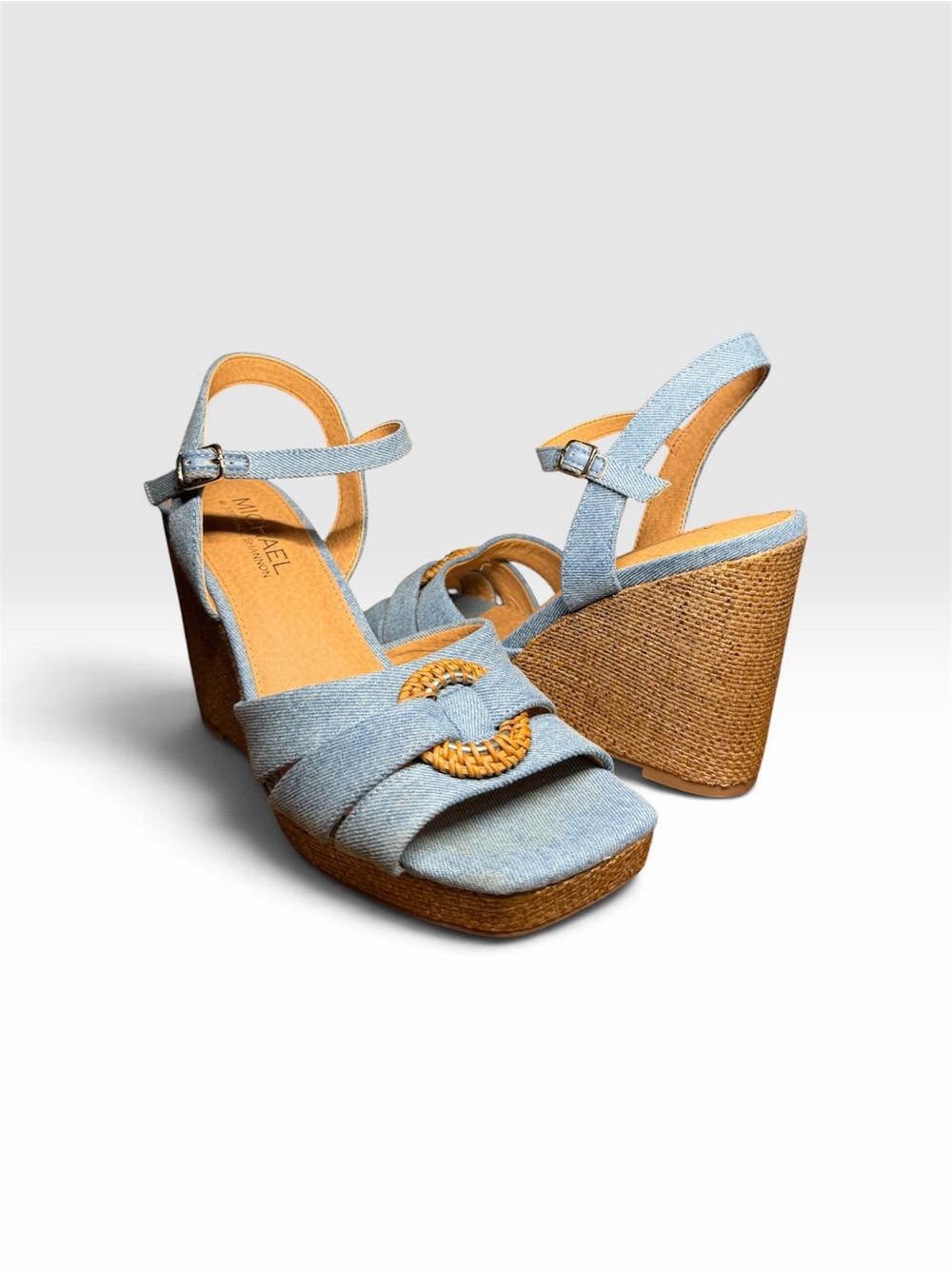 Michael Shannon Light Blue Denim Wedge Sandals with Woven Accent